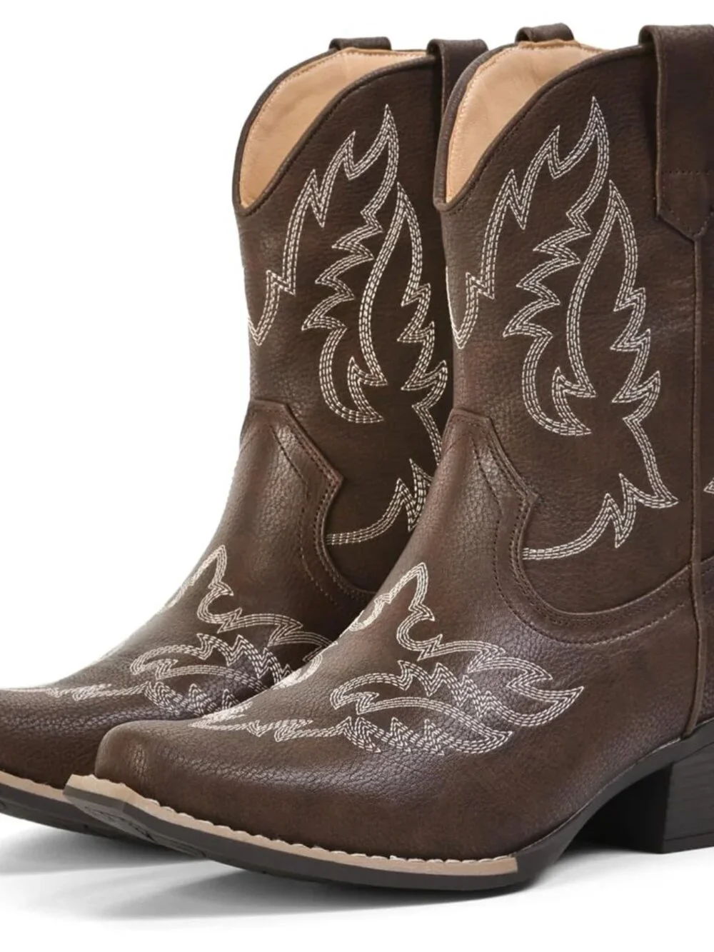 Women's Dark Brown Ankle Western Cowgirl Mid Calf Snip Toe Chunky Shoes Booties